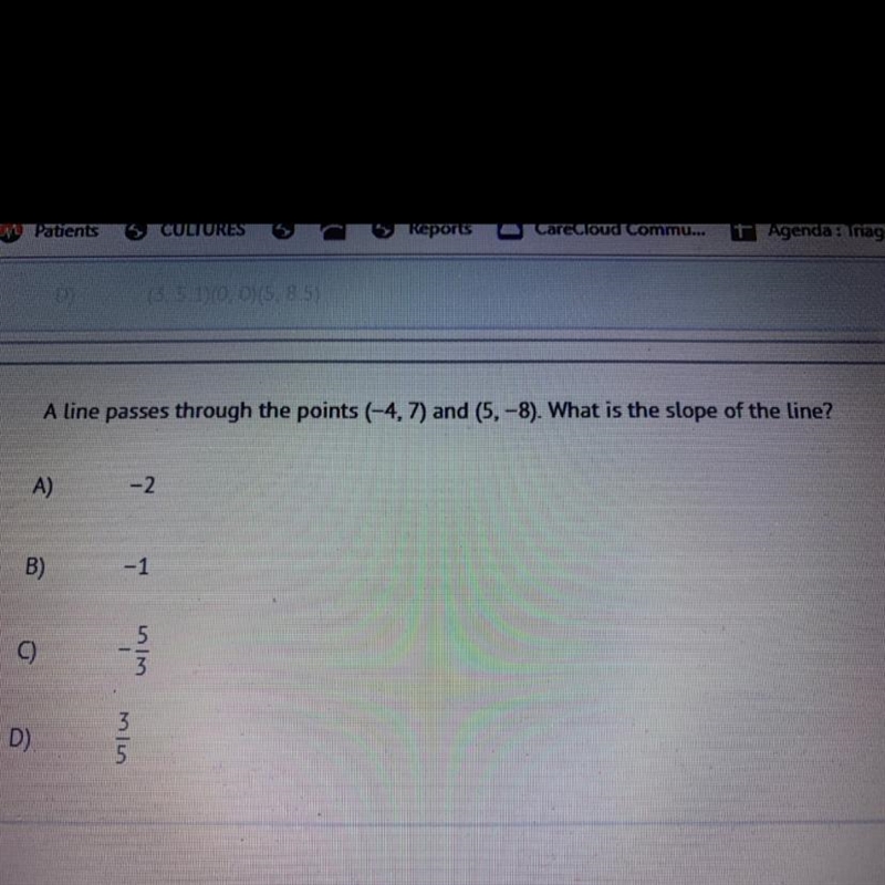 A lines passes through the points (-4, 7) and (5, -8). What is the slope of the line-example-1