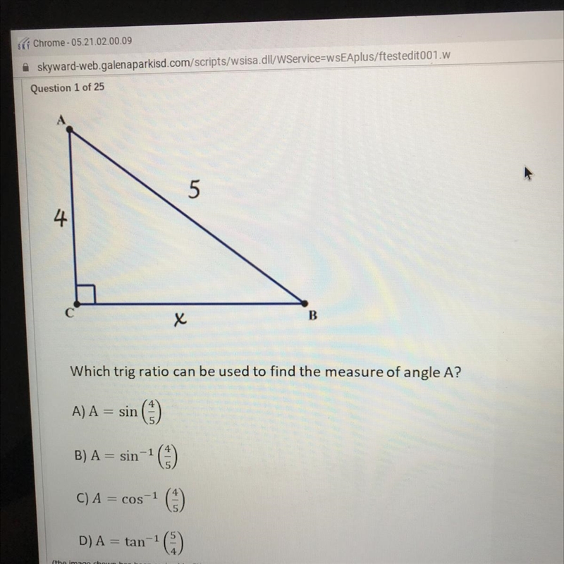 Which trig ratio can be used to find the measure of angle A?-example-1