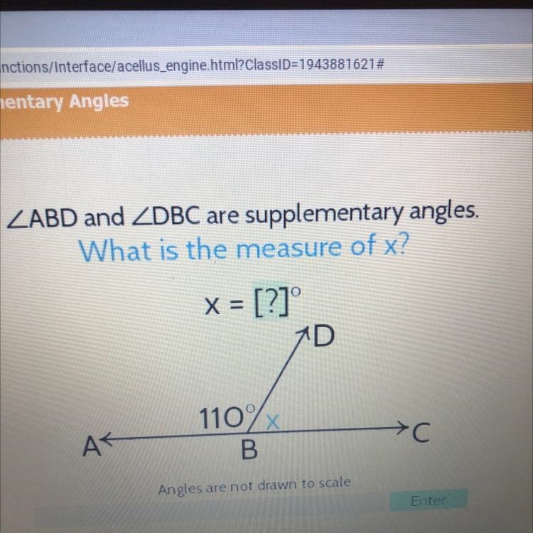 ZABD and ZDBC are supplementary angles. What is the measure of x? x = [?]° 110% AS-example-1