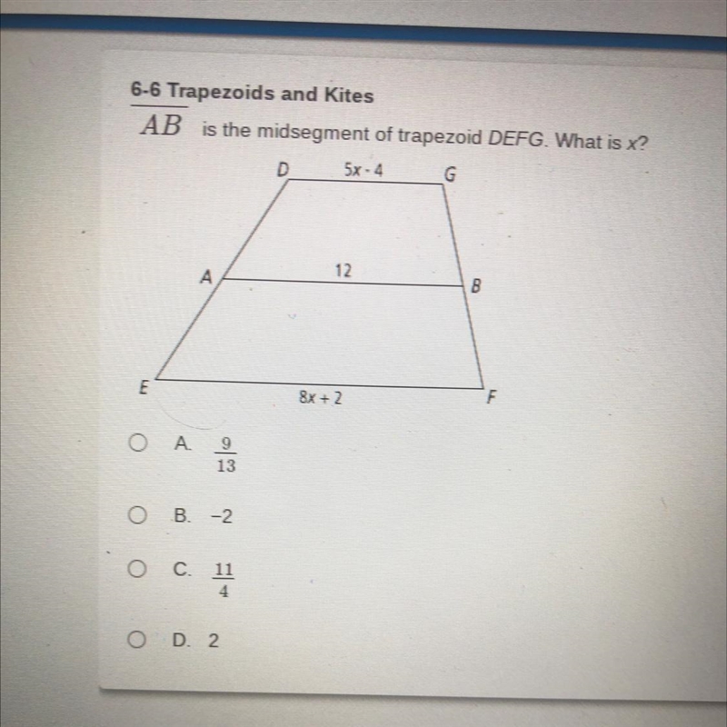 AB is a midsegment of trapezoid DEFG what is x?-example-1