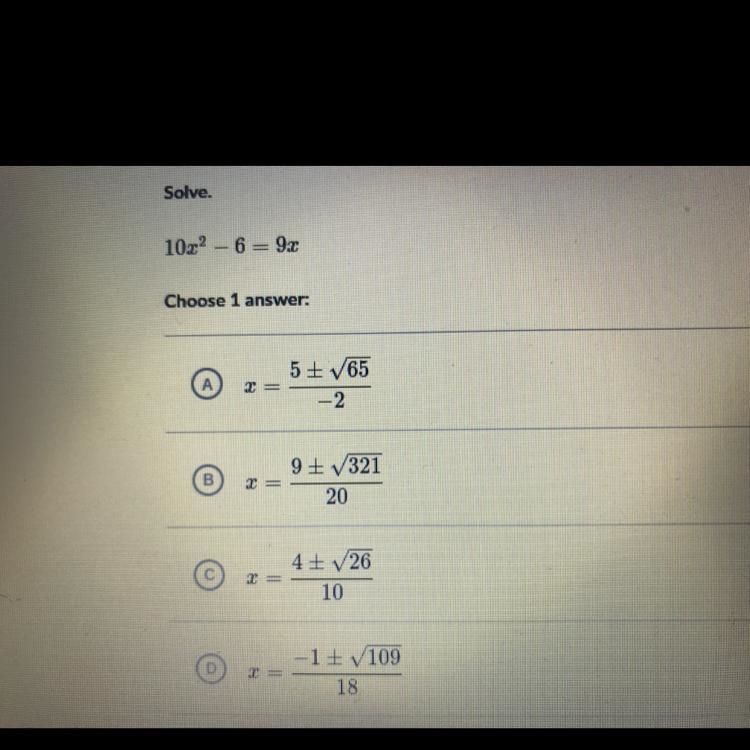 Solve. 10x^2 - 6 = 9x-example-1