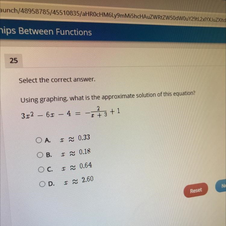 Using graphing, what is the approximate solution of this equation?-example-1