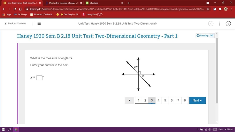 What is the measure of angle x? Enter your answer in the box.-example-1