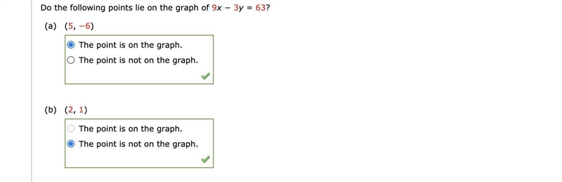 Do the following points lie on the graph of 9x − 3y = 63? I need the steps of how-example-1