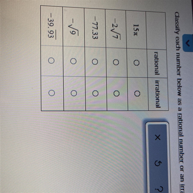 Classify each number below as a rational number or an irrational number.-example-1