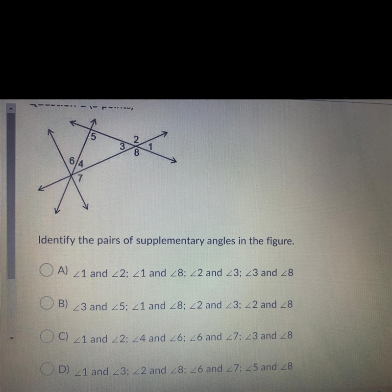 HELP PLEASE !!! Identify the pairs of supplementary angles in the figure-example-1