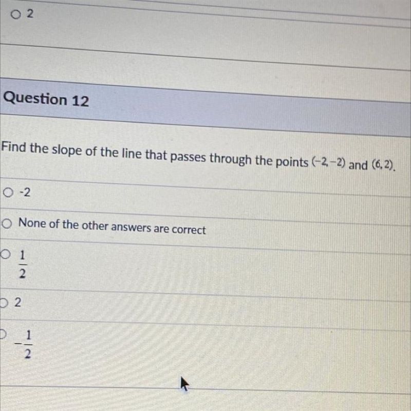 Find the slope of the line that passes through the points (-2,-2) and (6,2).-example-1