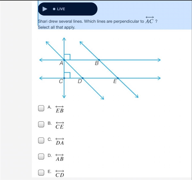 { → Shari drew several lines. Which lines are perpendicular to AC ? Select all that-example-1