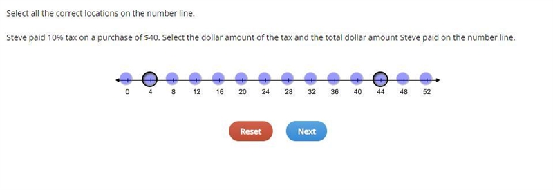 Select all the correct locations on the number line. Steve paid 10% tax on a purchase-example-1