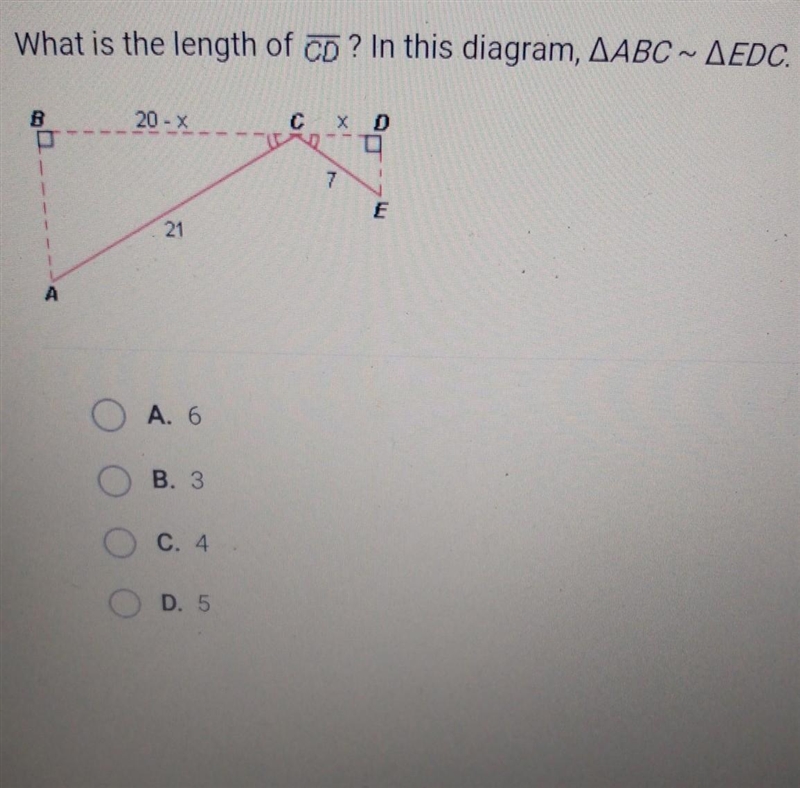 What is the length of CD? In this diagram, AABC ~ AEDC. 20-% c * 7 21​-example-1