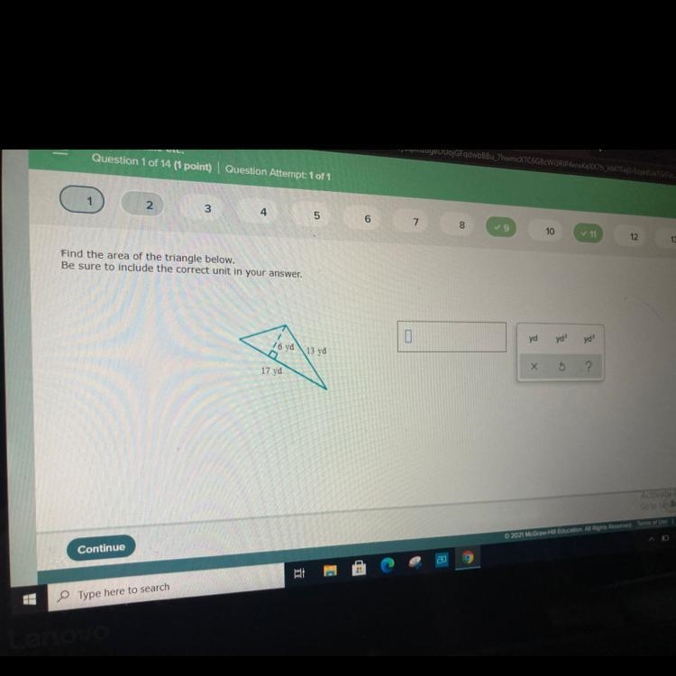 PLS HELP!!! Find the area of the triangle below. Be sure to include the correct unit-example-1