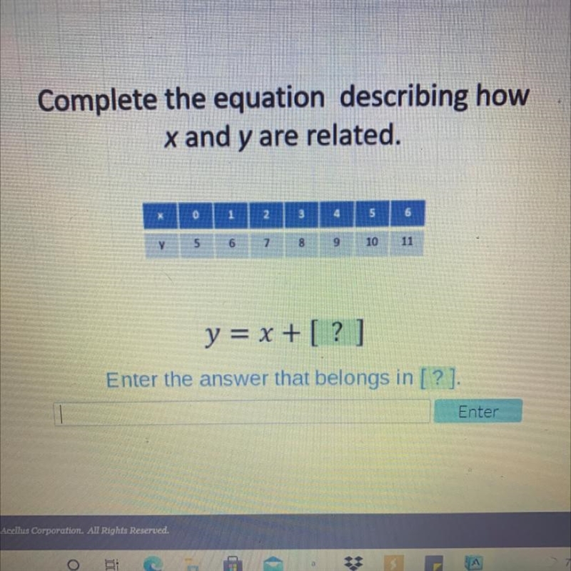 Complete the equation describing how x and y are related. X 0 1 2 3 5 6 у 5 6 7 8 9 10 y-example-1