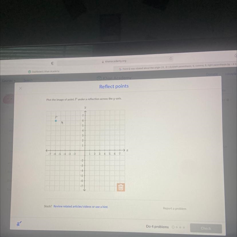 Plot the image of point P under a reflection across the y-axis.-example-1