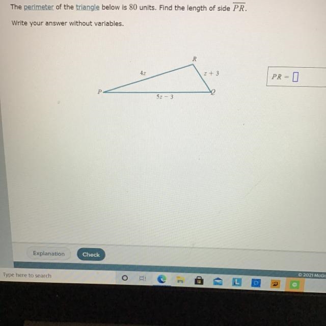 The perimeter of the triangle below is 80 units. Find the length of side PR-example-1