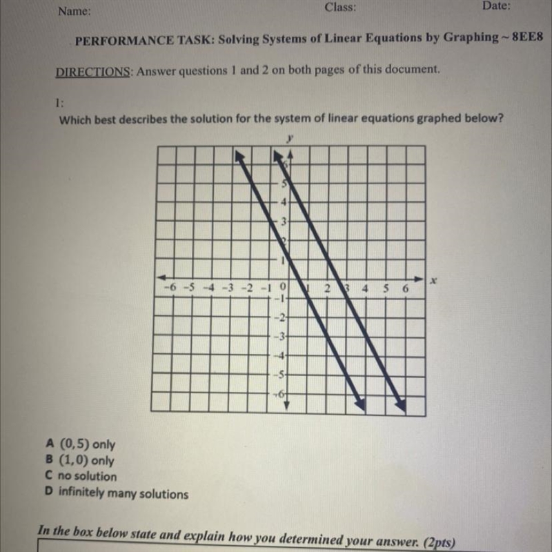 Which best describes the solution for the system of linear equations graphed below-example-1