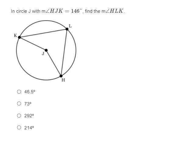 In circle J with m a. 46.5' b.73' c.292' d.214'-example-1