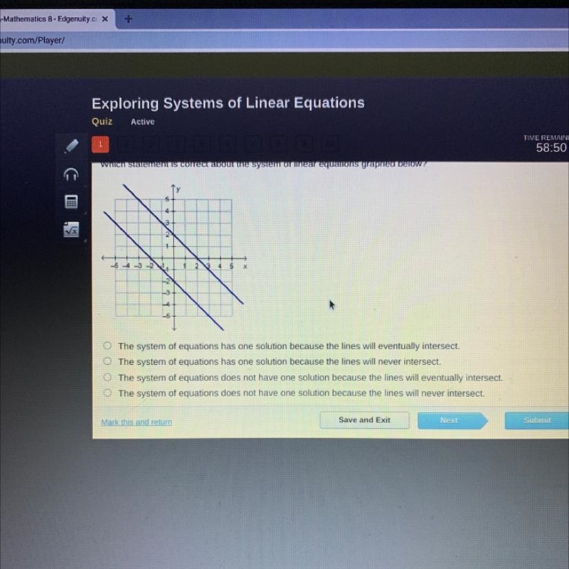 Which statement is correct about the system of linear equations graphed below? VX-example-1