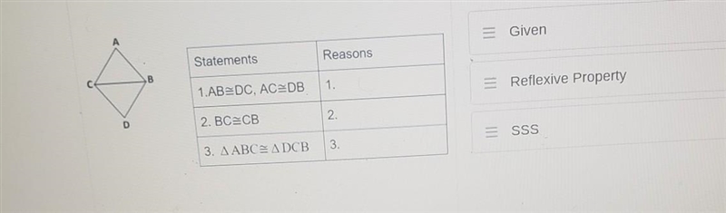 Given: AB ≈ DC ; AC ≈ DB PROVE: ABC ≈ DCB THE DIAGRAM SHOWS A 2 COLUM PROOF. ORDER-example-1