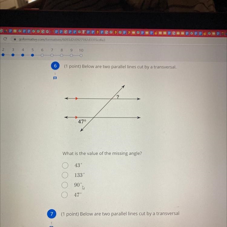 Please help!! Math What is the missing value of the missing angle? A. 43* B. 133* C-example-1