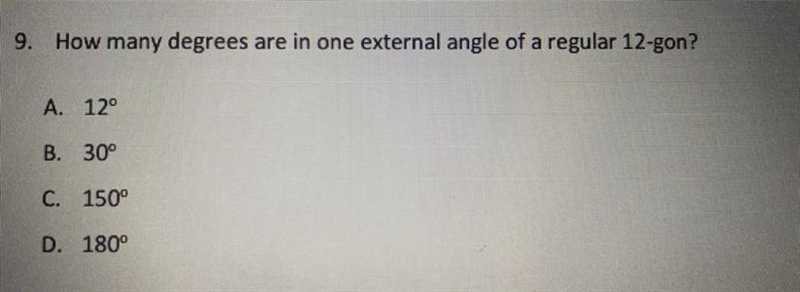 How many degrees are in one external angle of a regular 12-gon?-example-1