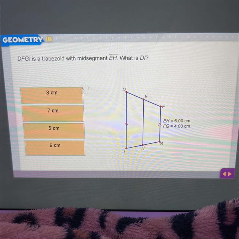 DFGI is a trapezoid with midsegment EH. What is DI? D 8 cm F 7 cm EH = 6.00 cm FG-example-1