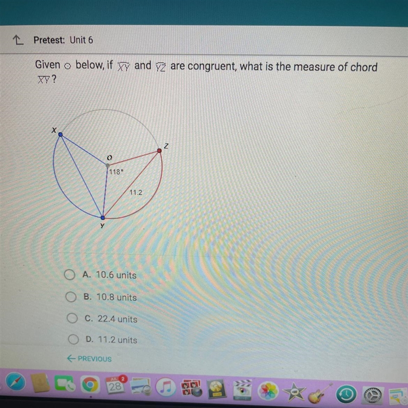 Please help‼️ Given O below, if XY and YZ are congruent, what is the measure of chord-example-1