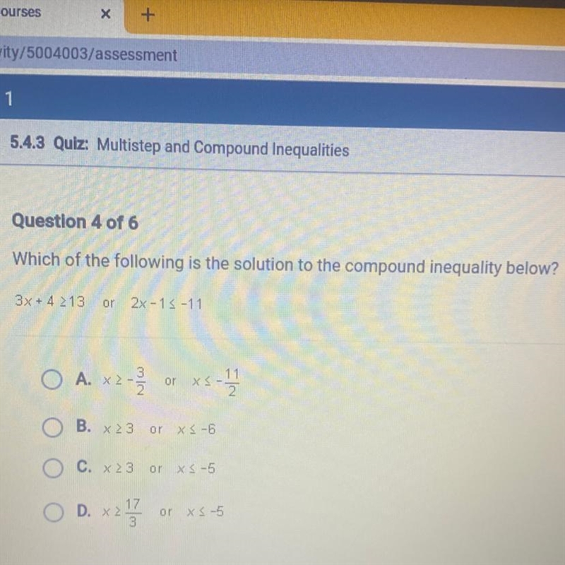 Which of the following is the solution to the compound inequality below? 3x + 4 213 or-example-1