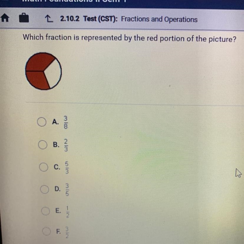 Which fraction is represented by the red portion of the picture? A. 3/8 B. 2/3 C. 5/3 D-example-1