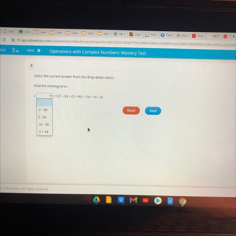 3 Select the correct answer from the drop-down menu. Find the missing term. ) + (7 - 31) + (5 +91) + 131 = 10 - 51. Reset-example-1