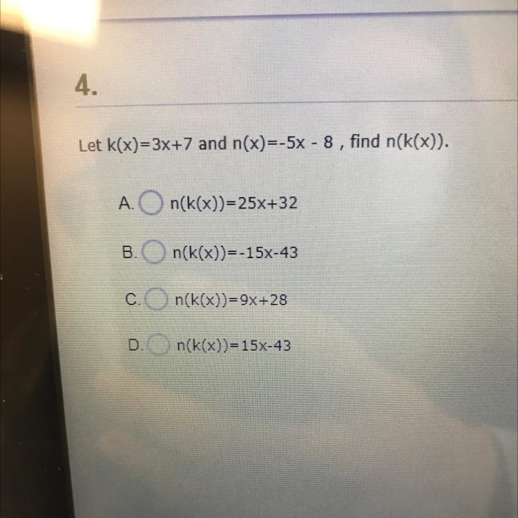 Let k(x)=3x+7 and n(x)=-5x - 8 , find n(k(x)).-example-1