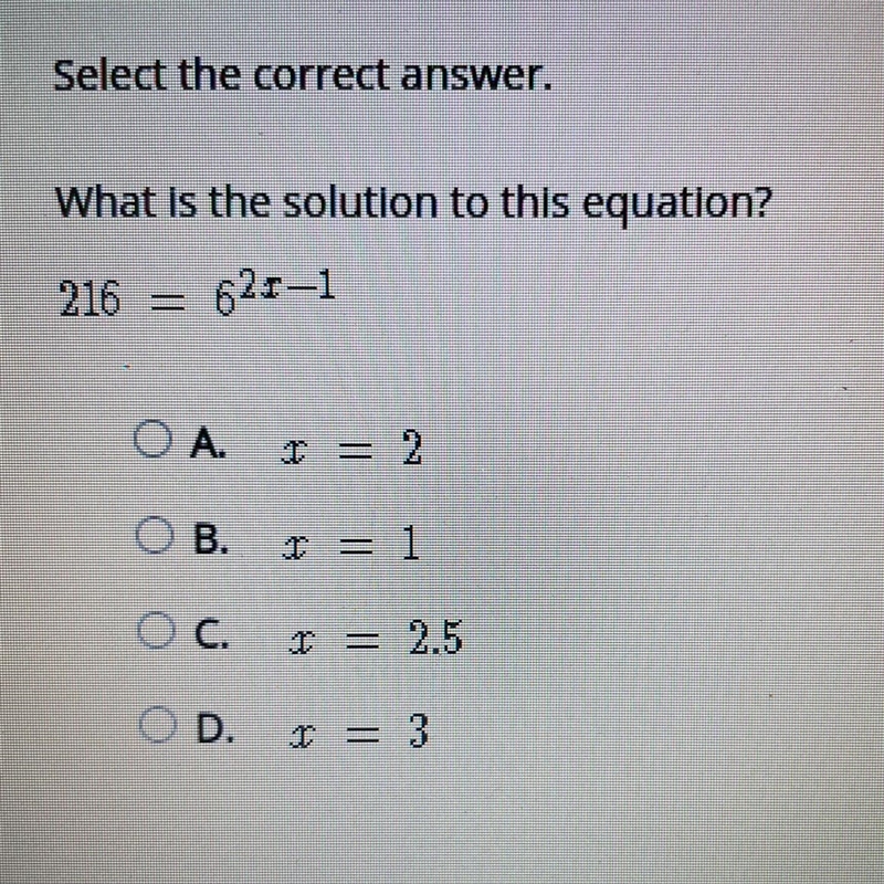 What is the solution to this equation 216 = 62x - 1-example-1