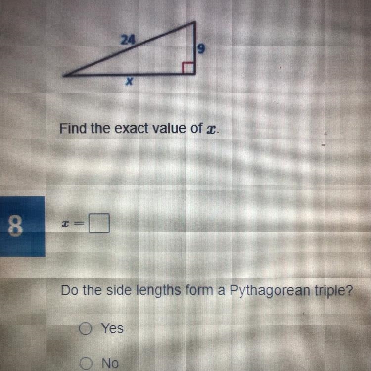 Find the exact value of x. Do the sides lengths form a Pythagorean triple?-example-1