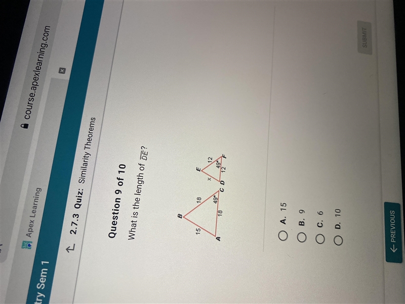 Question 9 of 10 What is the length of DE?-example-1