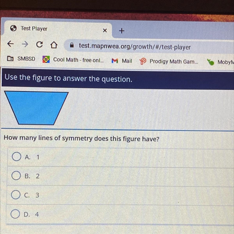 How many lines of symmetry does this figure have A 1 B, 2 C. 3 D, 4-example-1
