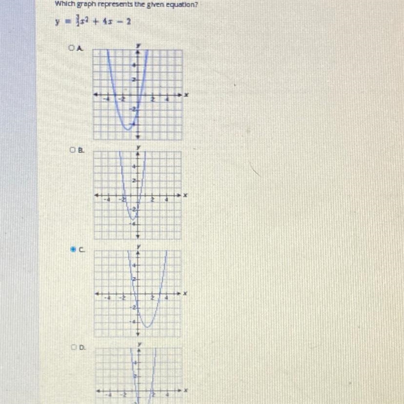 Which graph represents the given equation? y = :2 + 41 - 2 O. A. N X 2 N -21 B. ܢܬ # 2 -21 N-example-1