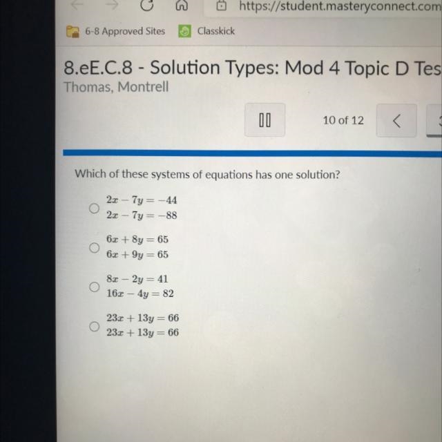 Which of these systems of equations has one solution?-example-1