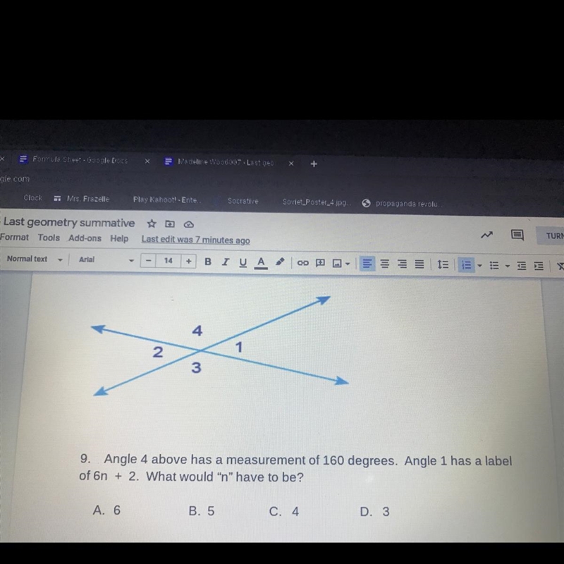 Angle 4 above has a measurement of 160 degrees. Angle 1 has a label of 6n + 2. What-example-1