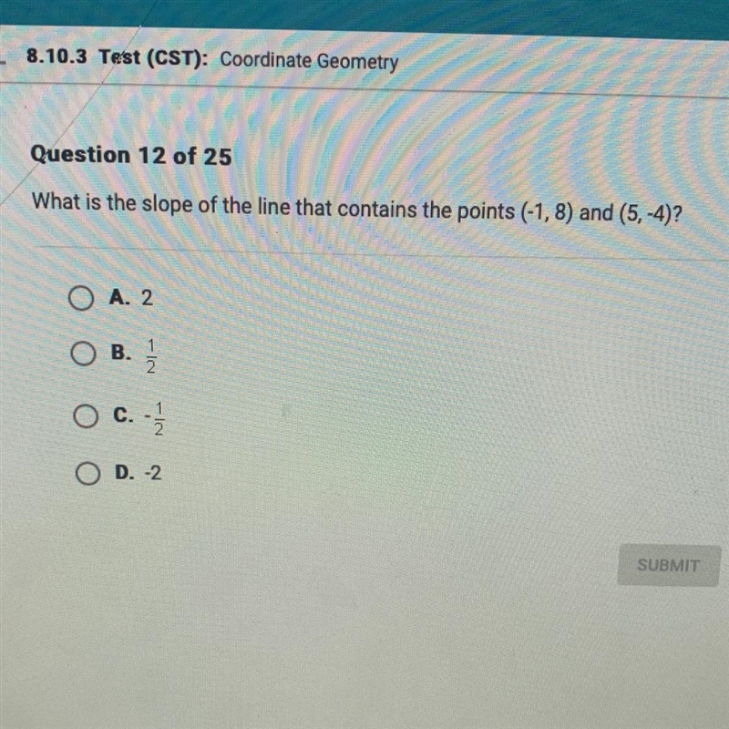 What is the slope of the line that contains the points (-1,8) and (5,-4)?-example-1