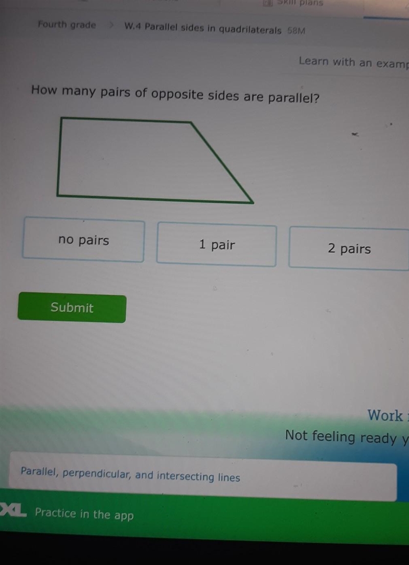 How many pairs of opposite sides are parallel? no pairs 1 pair 2 pairs​-example-1