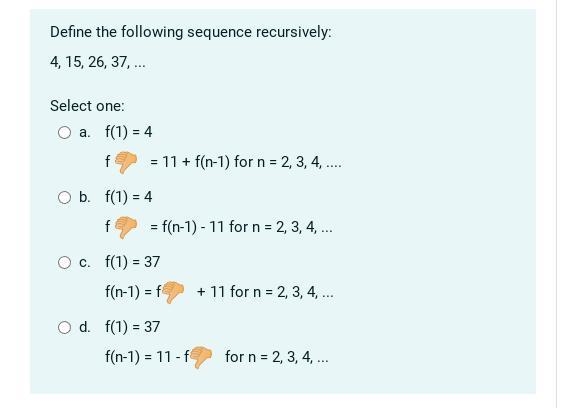 Define the following sequence recursively: 4, 15, 26, 37, ...-example-1