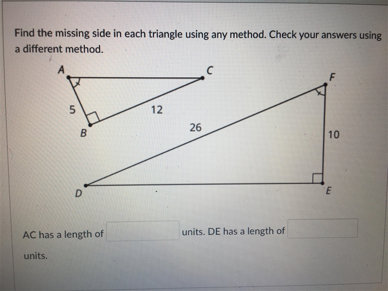 AC has a length of _______ units. DE has a length of_______ units.-example-1