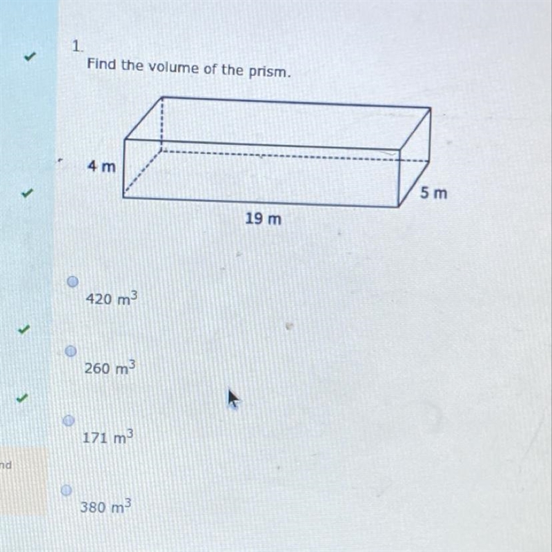 Find the volume of the prism. 4 m 5 m 19 m-example-1