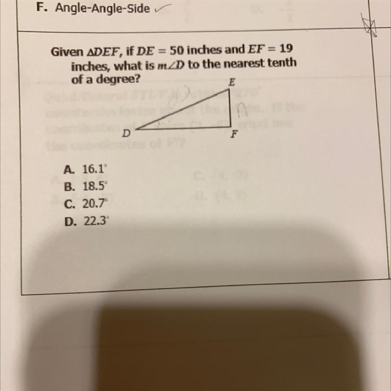 Given ADEF, if DE = 50 inches and EF = 19 inches, what is m D to the nearest tenth-example-1