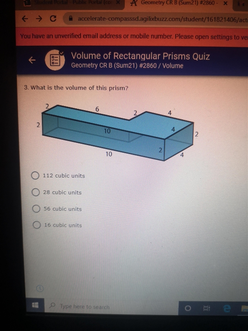 What is the volume of this prism? 112 cubic units 28 cubic units 56 cubic units 16 cubic-example-1