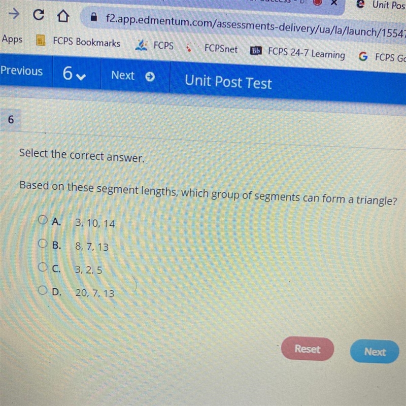 Based on these segment lengths, which group of segments can form a triangle? OA. 3, 10, 14 B-example-1