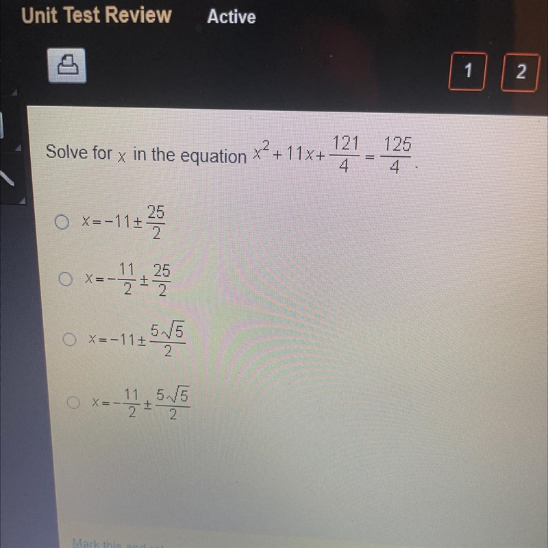 Solve the x in the equation x2+11x+121/4=125/4-example-1