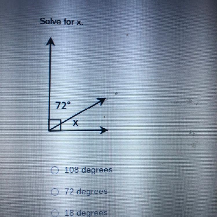 PLEASE HELP! Solve for x. A.108 degrees B.72 degrees C.18 degrees D.17 degrees-example-1