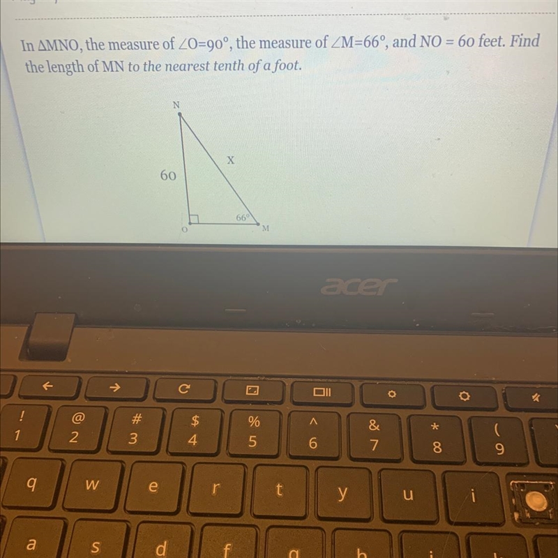 In triangle MNO the measure of angle O =90 degrees the measure of angle M =66 degrees-example-1