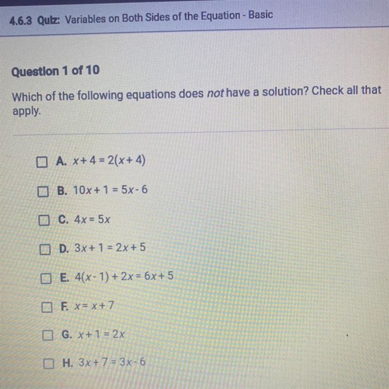 Which of the following equations does not have a solution? Check all that apply. O-example-1