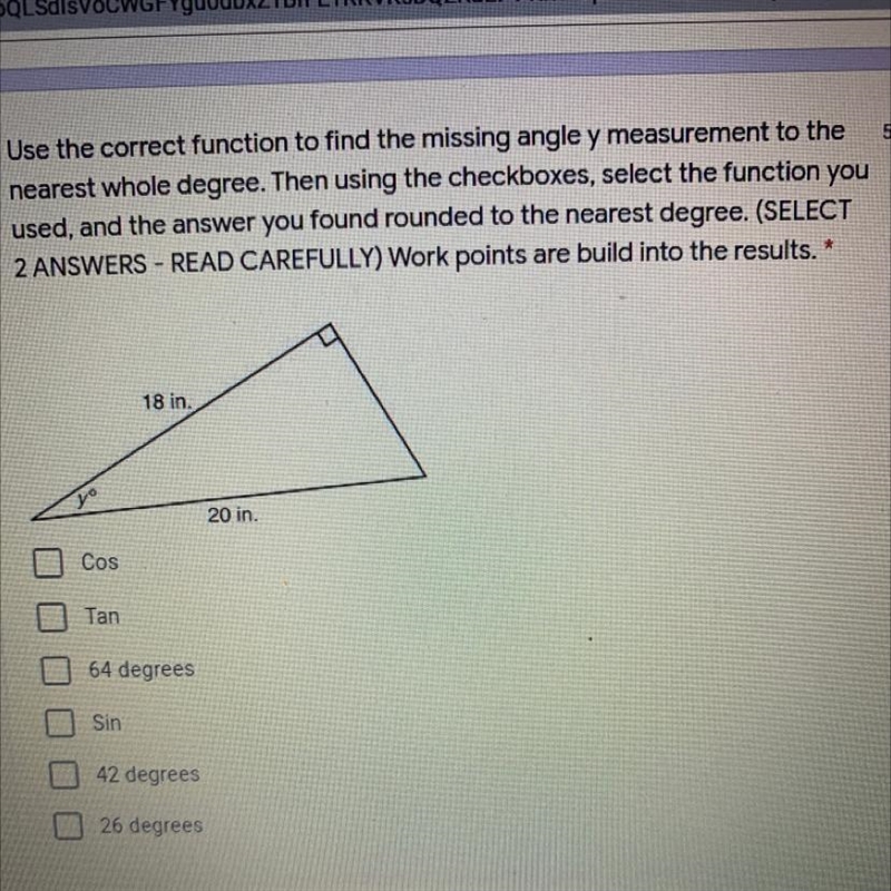 Use the correct function to find the missing angle y measurement to the nearest whole-example-1